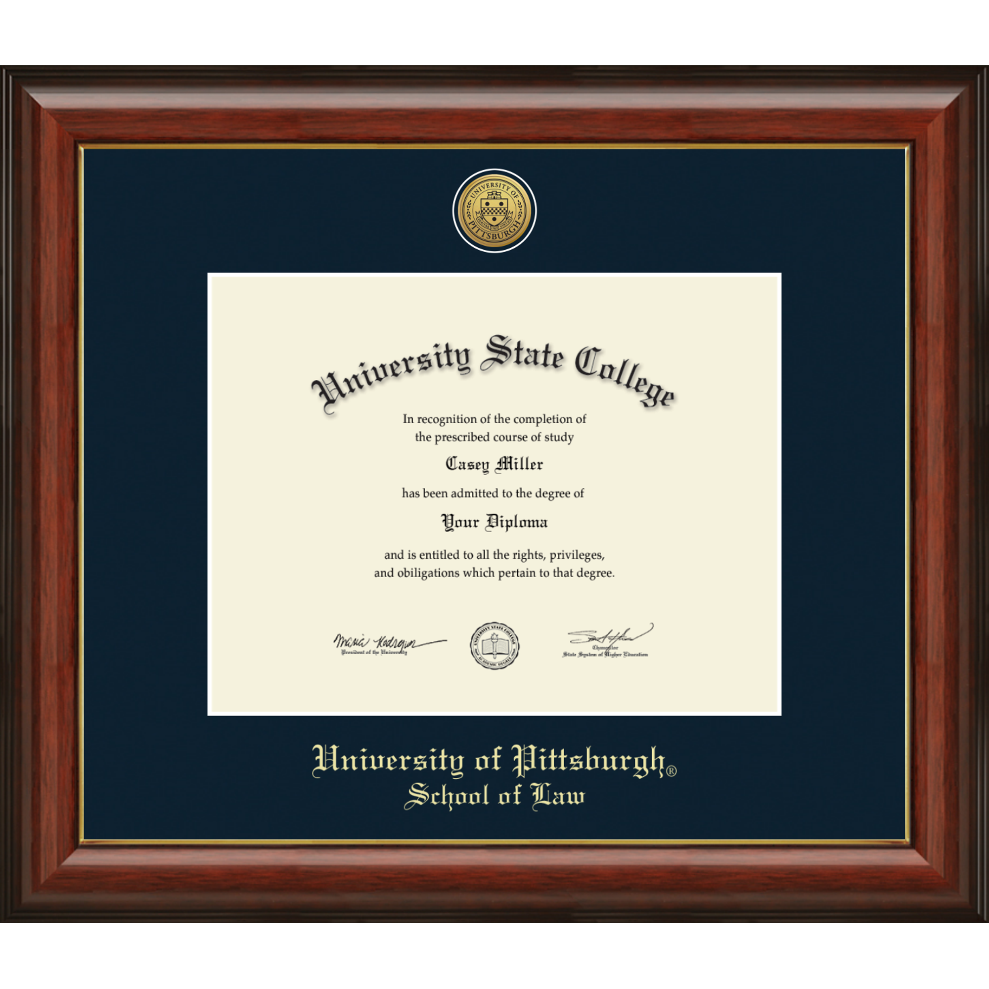 University of Pittsburgh School of Law Diploma Frame, Document Size 11" x 8.5"