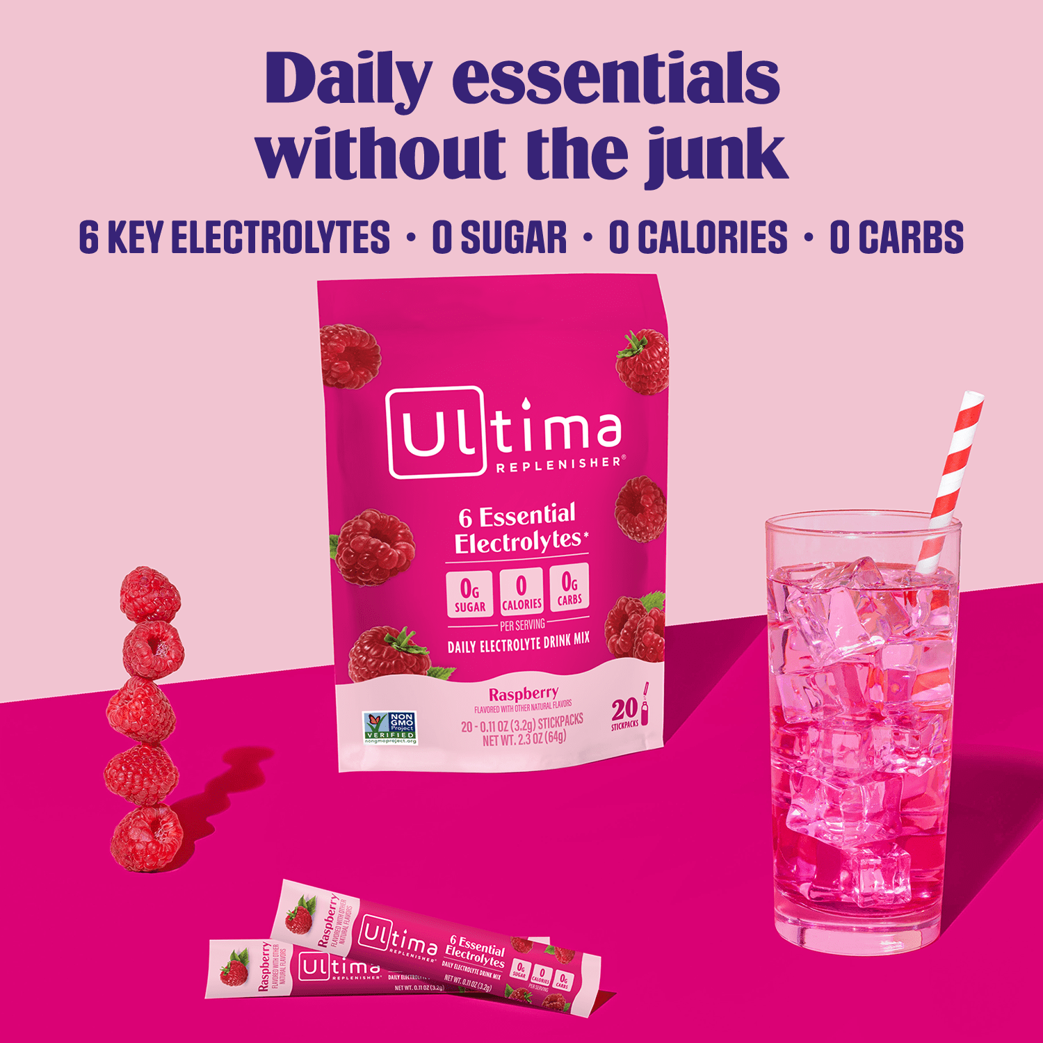 Ultima Replenisher Hydration Electrolyte Drink Mix Powder Packets, Keto, Sugar-Free Raspberry, 20 Ct
