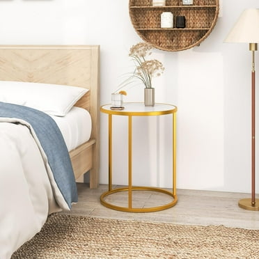 19.5''x19.5'' Modern Round End Table Side Table with Marble Top, Golden Metal Frame, Gold