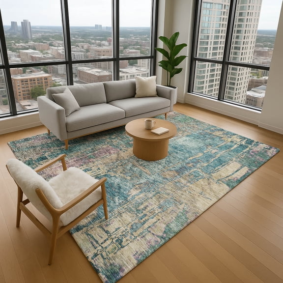Addison Rugs Mayfield Premium Machine Washable Transitional Abstract Teal Rectangle Rug, 10' x 14'