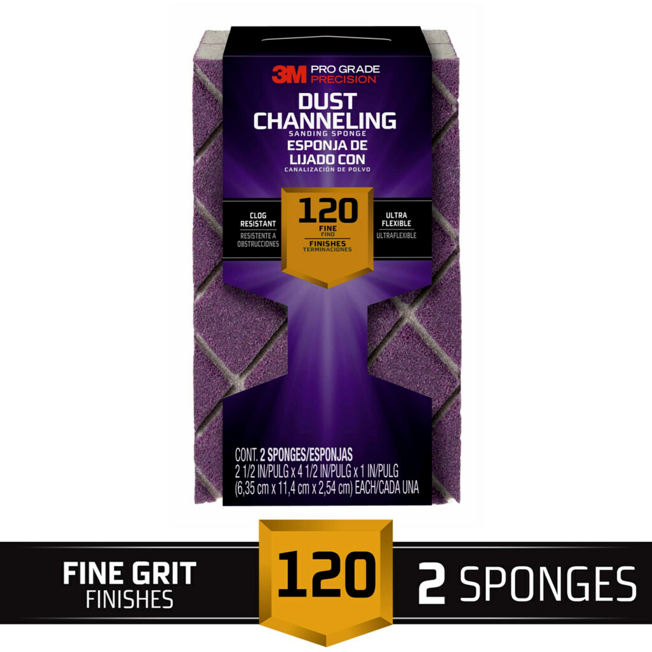 (2 pack) 3M Pro Grade Precision Sanding Block, Dust Channeling, 4.5 in. x 2.5 in. x 1 in., 120 Grit, Fine, 2 Sponges