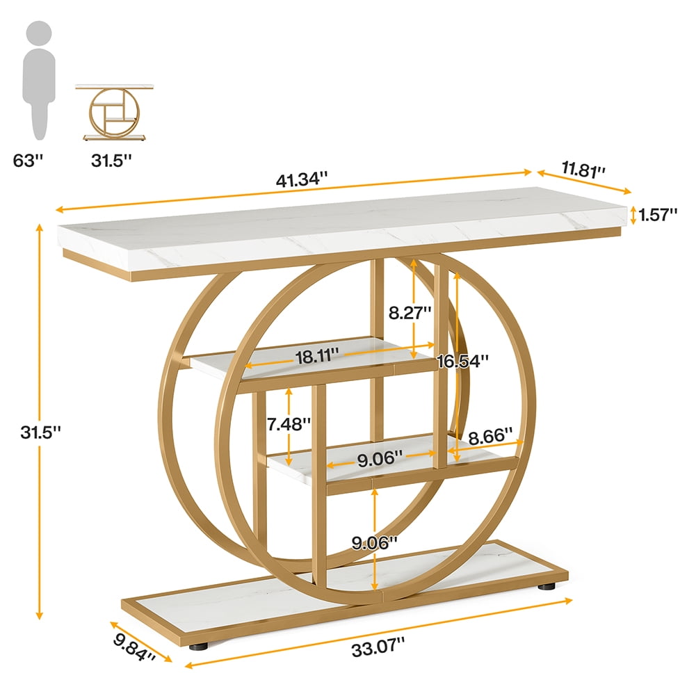 Spaco 41.3" Console Table with 1.57" Thick Tabletop, Industrial 4-Tier Sofa Entryway Table with Circle Base, White