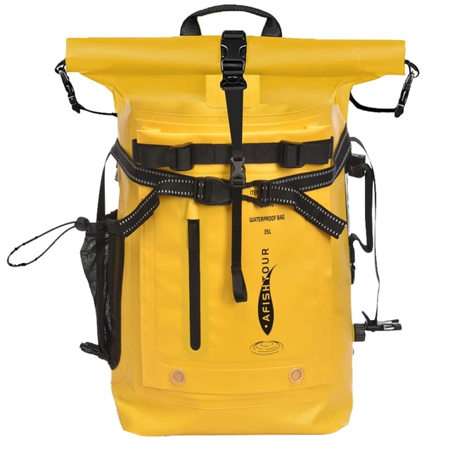 AFISHTOUR Sac à Dos Imperméable Robuste, Sac Étanche Flottant à Dessus Roulé 35 L pour Kayak, Randonnée (Jaune)