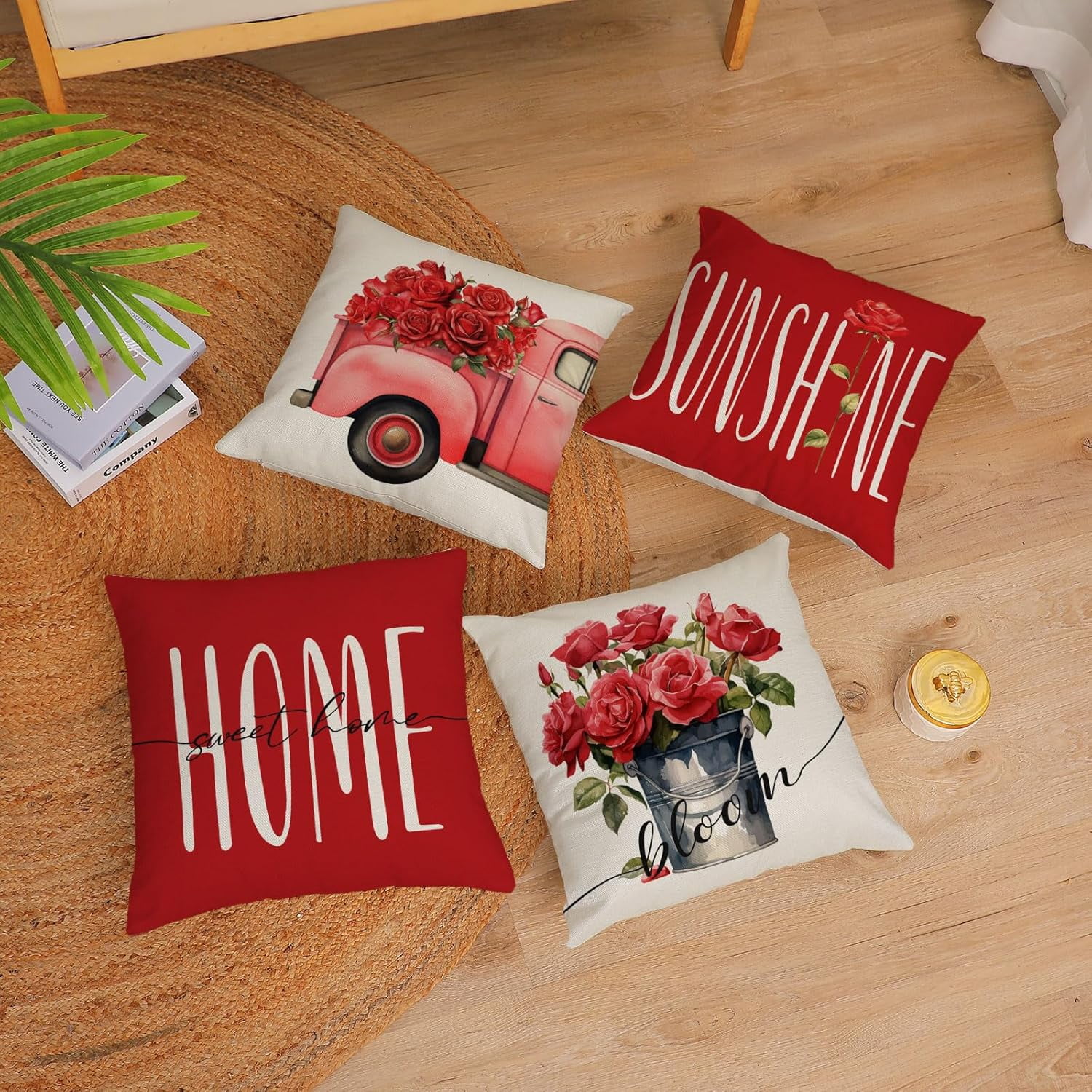 Set of 4 Rose Pillow Covers 18x18 Red Spring Summer Pillow Covers Hello Sunshine Flower Floral Cushion Covers Square Cotton Linen Pillow Cases for Couch Sofa Patio Outdoor Home Decor(18 Inch)