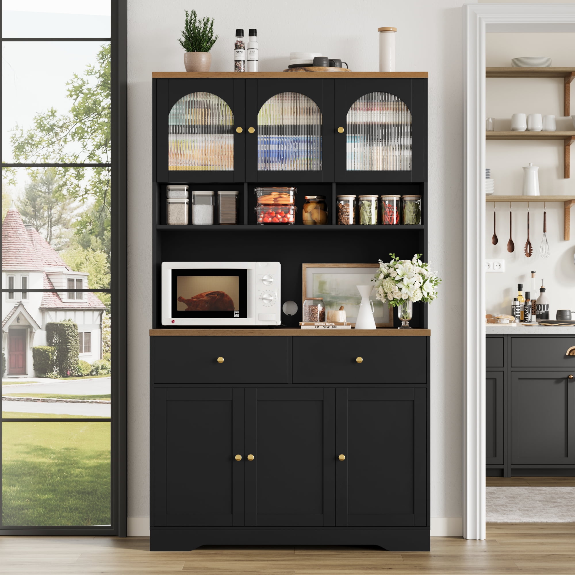Hiphuta 71"in Modern Kitchen Pantry Storage Cabinet, Freestanding Coffee Kitchen Hutch Cabinet with Adjustable Shelves & Microwave Stand, Modern Coffee Hutch for Dining Room, Black