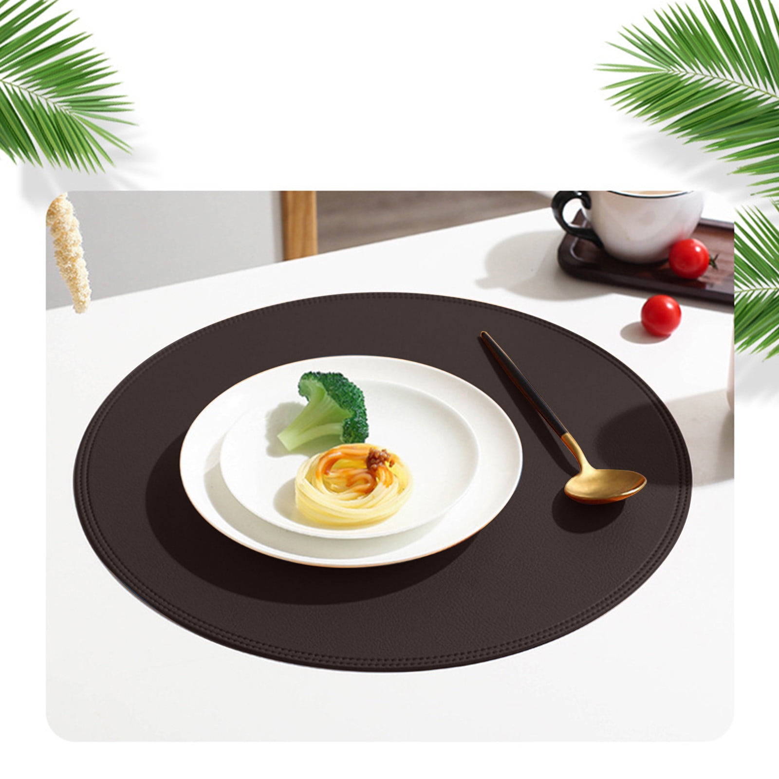 Round Leather Placemat Solid Colour Faux Leather Placemats , Coffee
