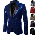 thumbnail image 4 of Wrtxtat Men's Shiny Sequin Blazer Sparkle Metallic Tuxedo Party Jacket Festival Party Prom Performance One Button Jacket Big and Tall Blue XXXXL, 4 of 7