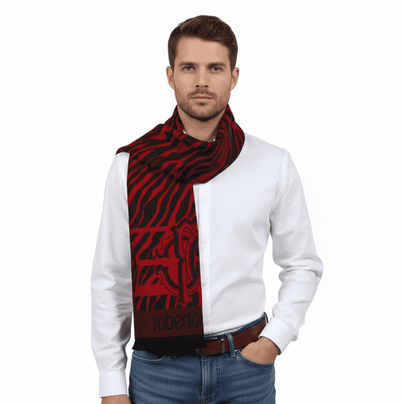 Roberto Cavalli ESZ057 02000 Red Wool Blend Tiger Print Mens Scarf for mens