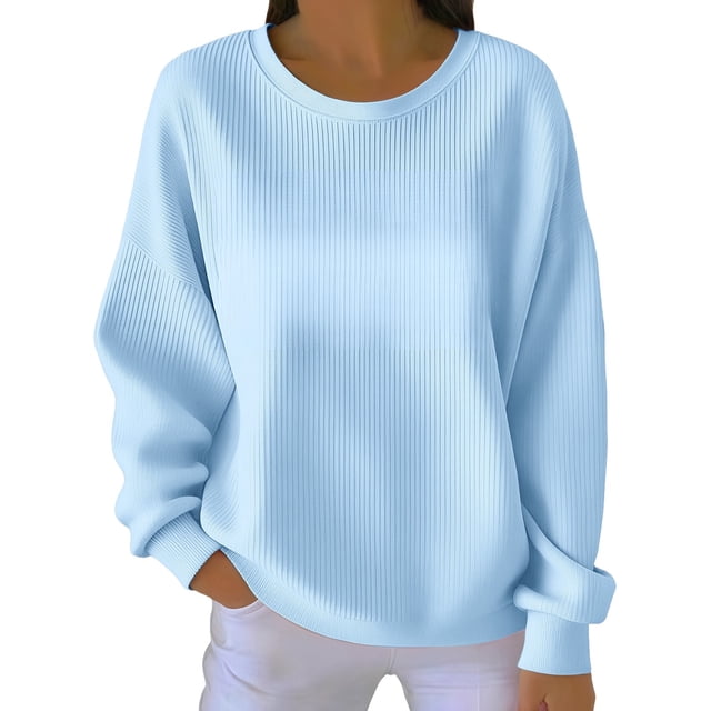 ManxiVoo Chandail en Molleton Basique à Col Rond pour Femmes Manches Longues Chandail-Over Polyvalent Confortable pour Usage Quotidien Taille TG Bleu Ciel