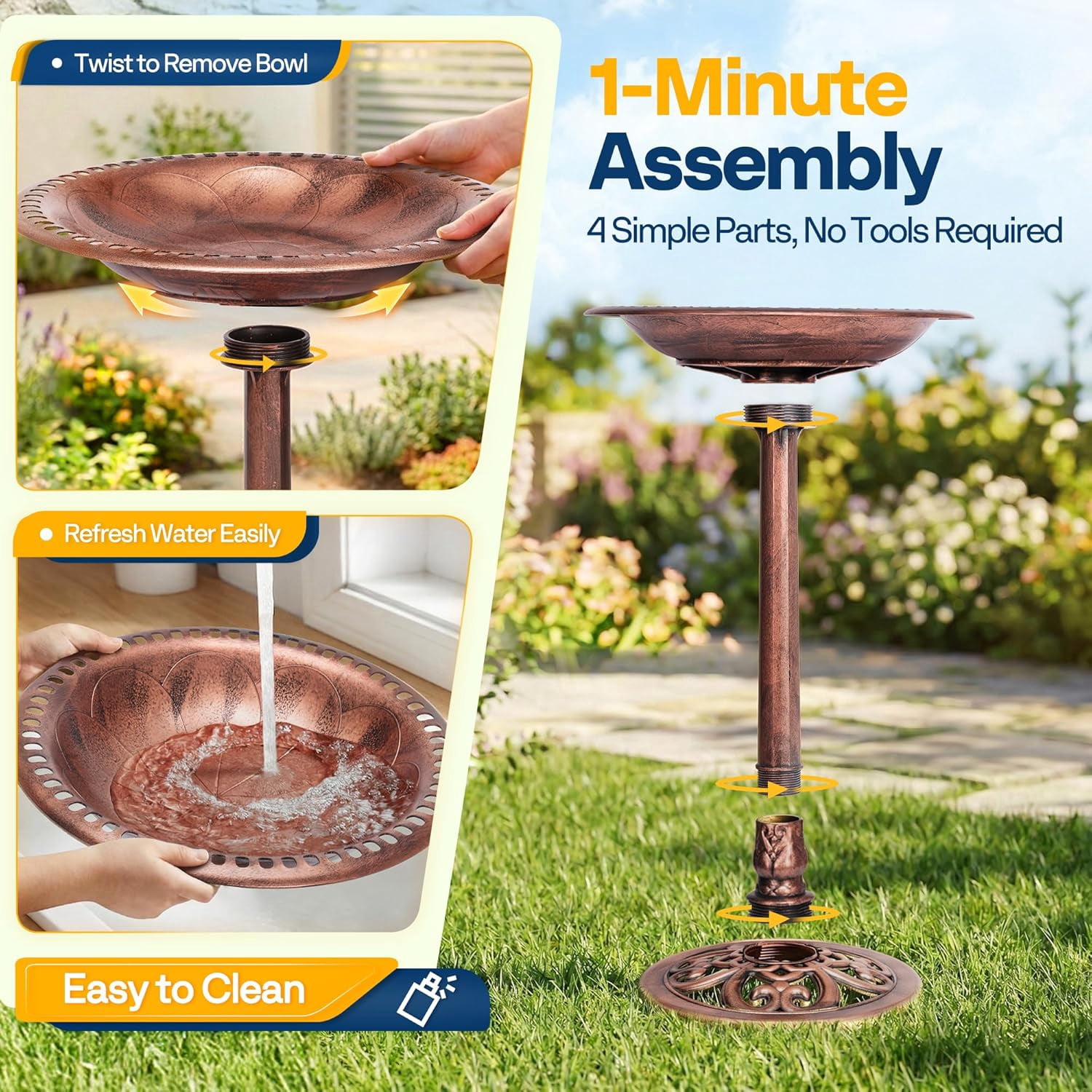 SPECSTAR Bird Bath, Polyresin Antique Outdoor Bronze Garden Birdbath and Solar Powered Round Pond Fountain Combo Set