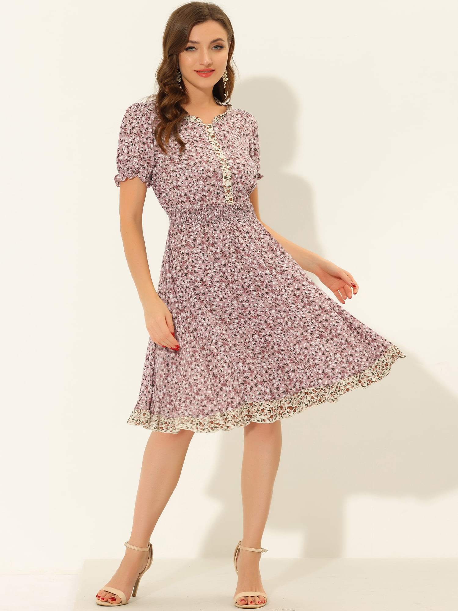 DARING DIVA Floral Ruffle Neck Smocked Waist Dress M Pink
