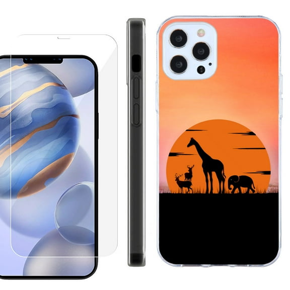 Slim Fit Protective Phone Case for Apple iPhone 12 / iPhone 12 Pro, with Tempered Glass Screen Protector, by OneToughShield ® - Sunset Safari