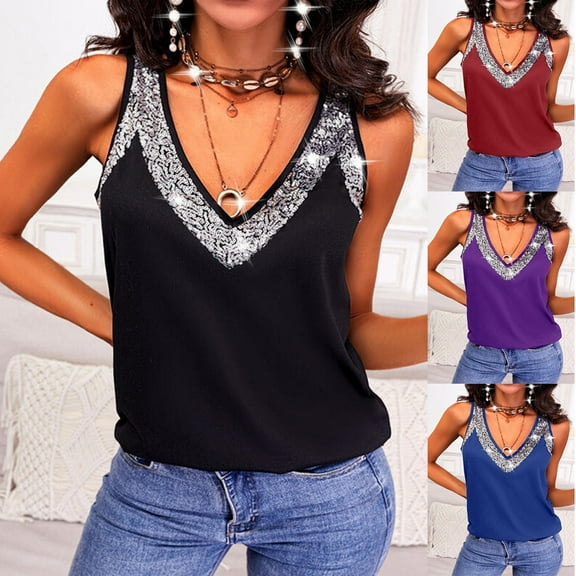 safuny Clearance Women's Loose Tank Tops Solid Sequined Retro Cami Tops Sleeveless V Neck Vest Elegant Casual Fit Beach Blouses Fashion Summer Black L