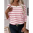 thumbnail image 4 of Womens 3/4 Length Sleeve Tops Striped Boat Neck Shirt Frenchy Cotton Tees Red M, 4 of 6