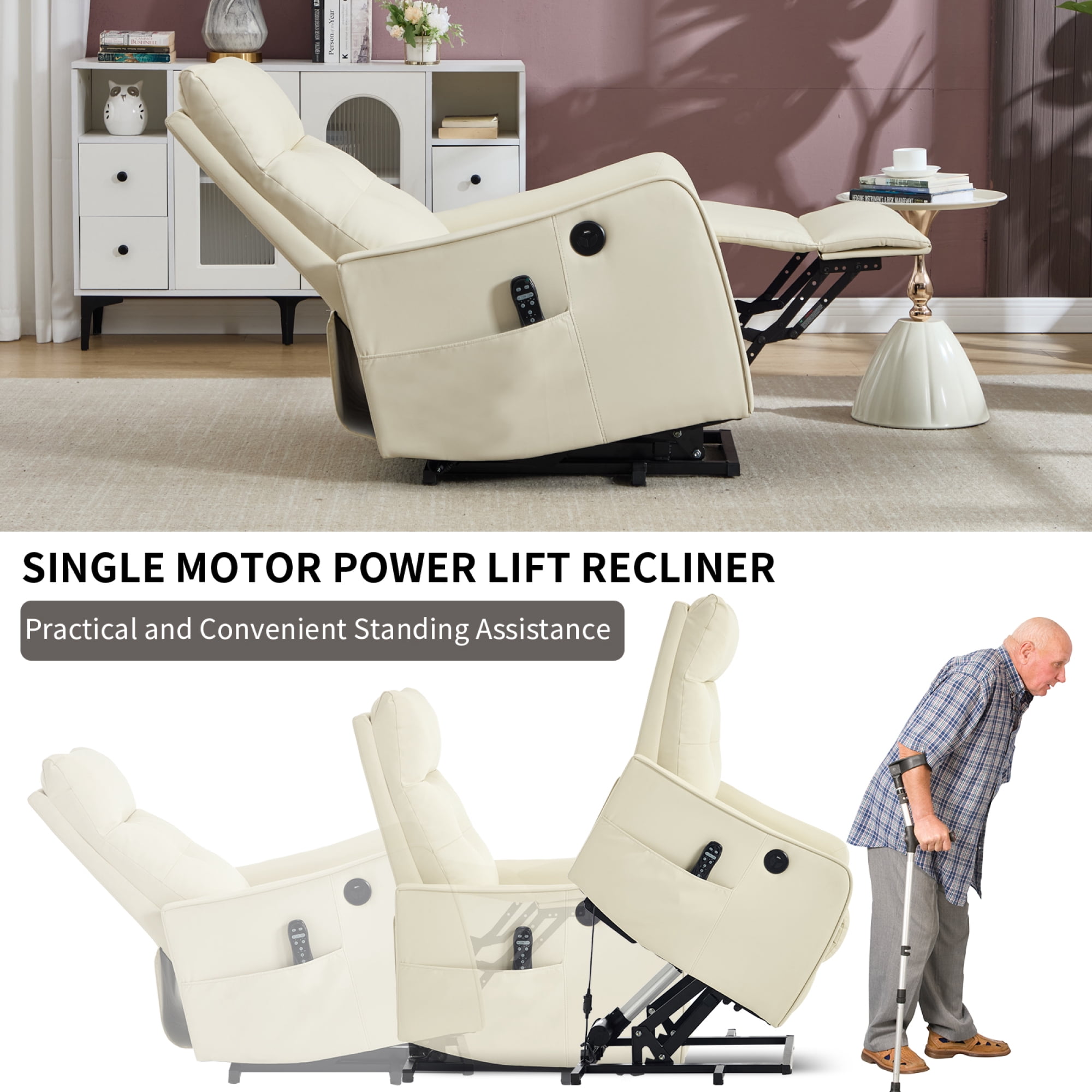Leumius Power Lift Recliner Chair with Massage and Heat for Elderly,Heavy Duty Electric Reclining Chair with Side Pockets,USB Charge Port for Living Room,Beige-Faux Leather