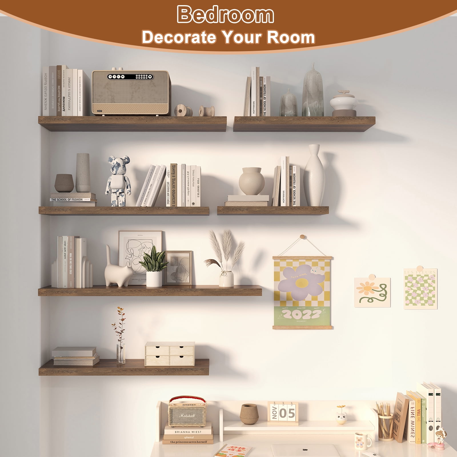 LANDMOK 12.7 Inch Deep Floating Shelf, 24 x12 Inch Large Wall Mounted Shelf for Kitchen, Bathroom, Living Room, Rustic Brown (1 Pack)