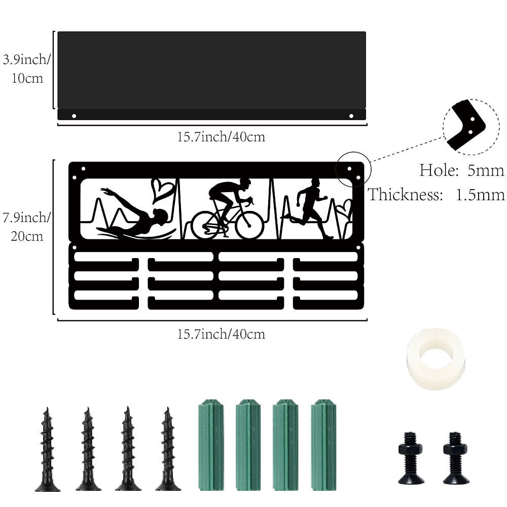 Triathlon Medal Holder Display with Shelf Trophy Wall Hanger Black Metal Iron Swimming Running Cycling Award Rack