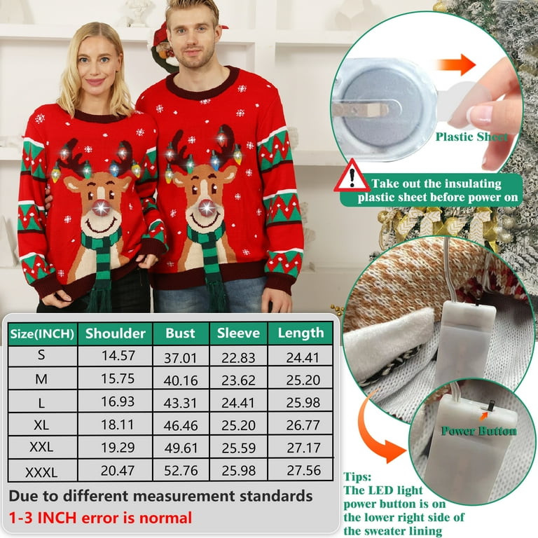 Ugly Christmas Sweater for Women Men Light up Christmas Sweater Funny Unisex Reindeer Xmas Ugly Sweaters for Couples