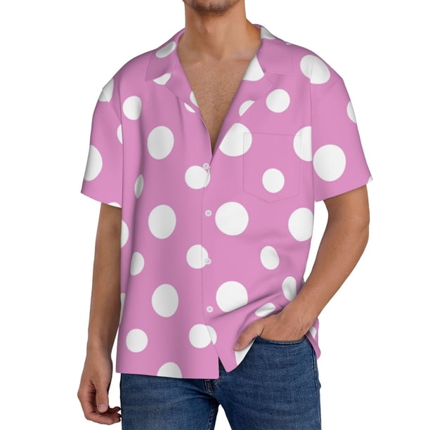 Fotbe Purple And White Polka Dot Camisa Estampada de Manga Corta para Hombre, Casual de Verano, Estilo Playero, Sin Arrugas-Small