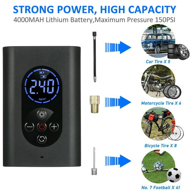 Tire Inflator Portable Air Compressor 150PSI Electric Air Pump with  Pressure Gauge LED Light 4000mAh USB Rechargeable Power Bank Auto Shut Off  for Car Bicycle Balls and Other Inflatables 