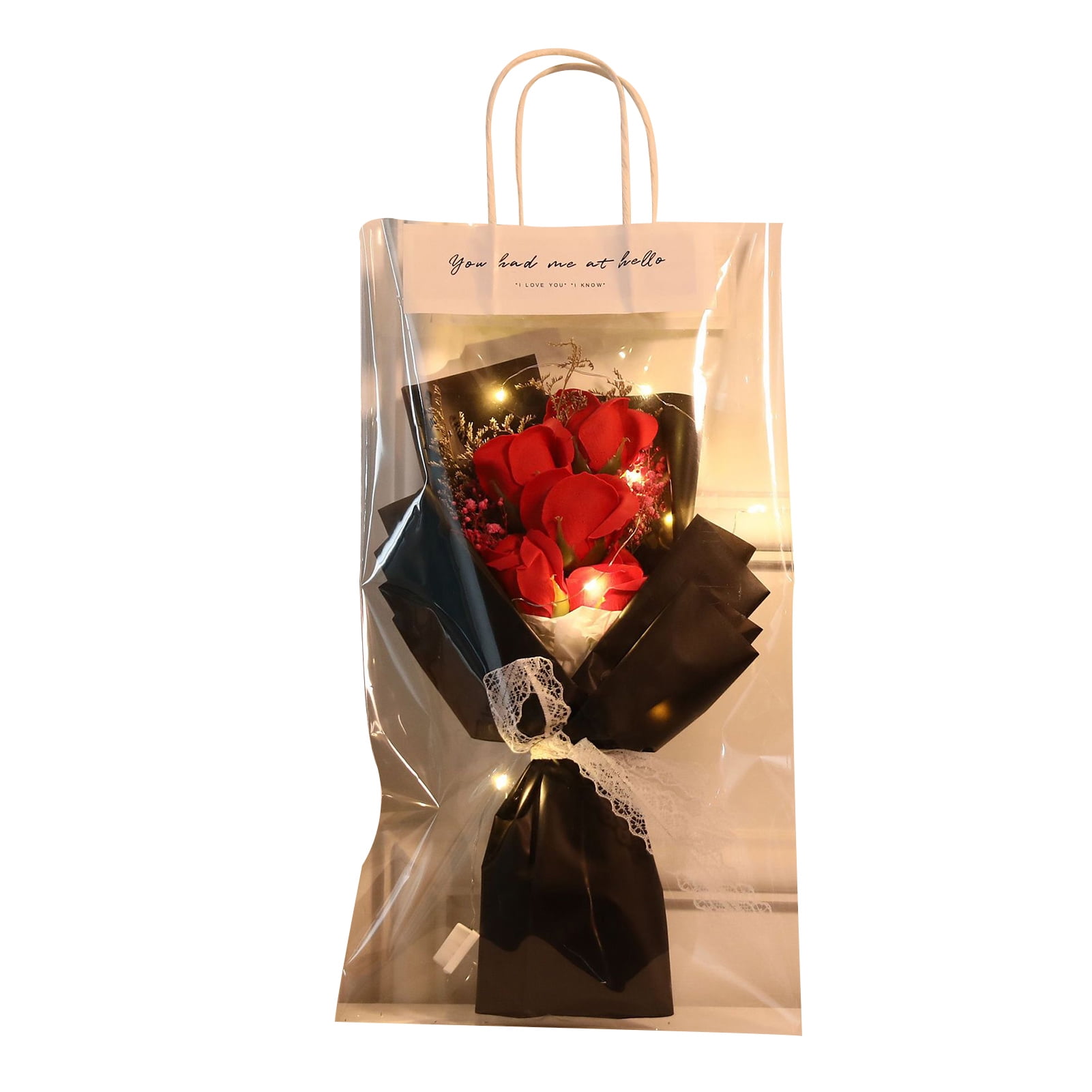 opvise Artificial Flower with Bag Glowing Romantic Mother's Day Gifts Realistic Fake Rose Dried Flower Bouquet Red