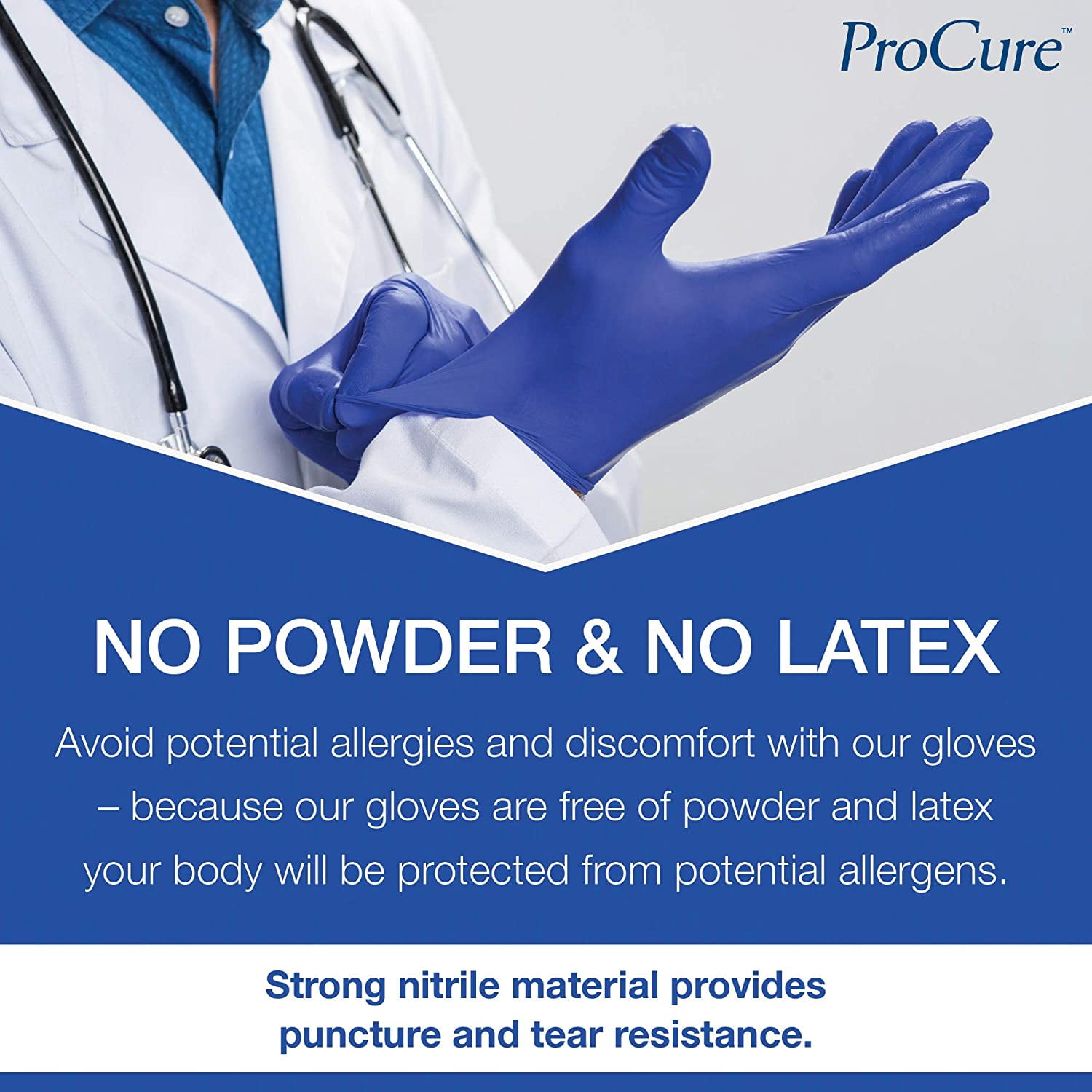 ProCure Disposable Nitrile Gloves - 400 Count, Medium - Powder Free, Rubber Latex Free, Medical Exam Grade, Non Sterile, Ambidextrous - Soft with Textured Tips - Cool Blue
