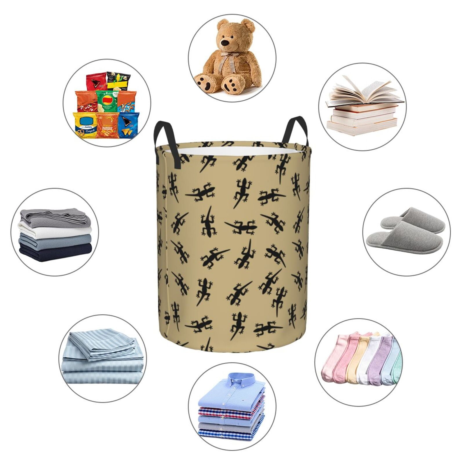 Large Laundry Basket with Handles - Quirky Gecko Lizard Black Kids Baby Dirty Clothes Laundry Hamper for Bedroom Aesthetic