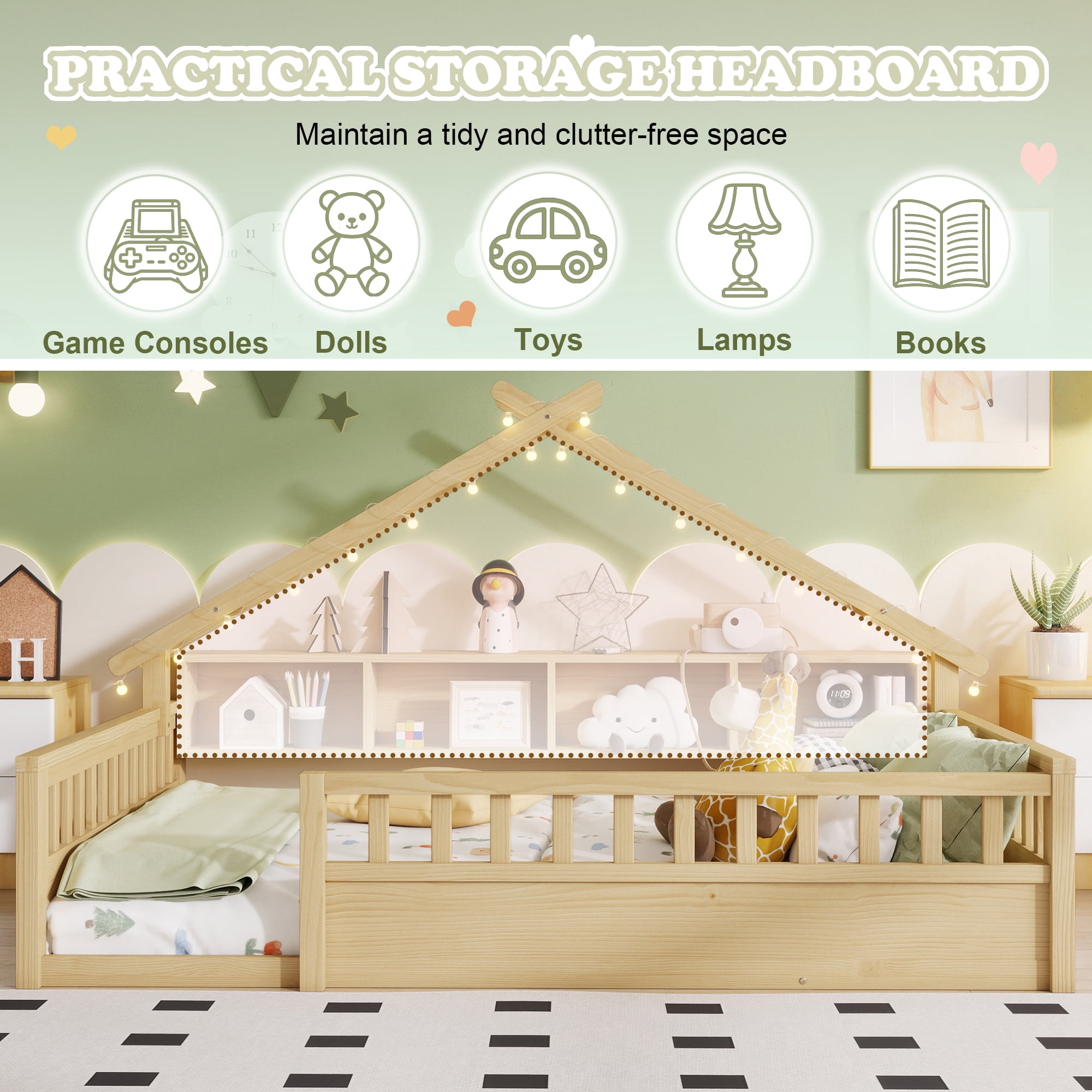 Mirightone Full Size Montessori Floor Bed with LED Light, Storage Bookcase & Safety Rail, Solid Pine Wood  House Floor Bed, No Box Spring Needed (Natural)