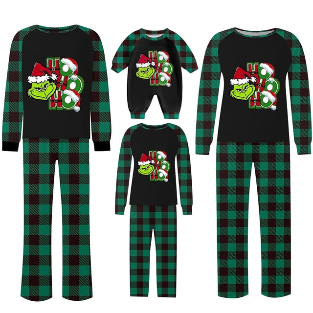 Conjuntos de pijamas navideños familiares a juego Grinch 2024, pijama de Grinch con parte superior y pantalones de pijama a cuadros, pijama de Grinch para niños y adultos para la familia, 18 Meses