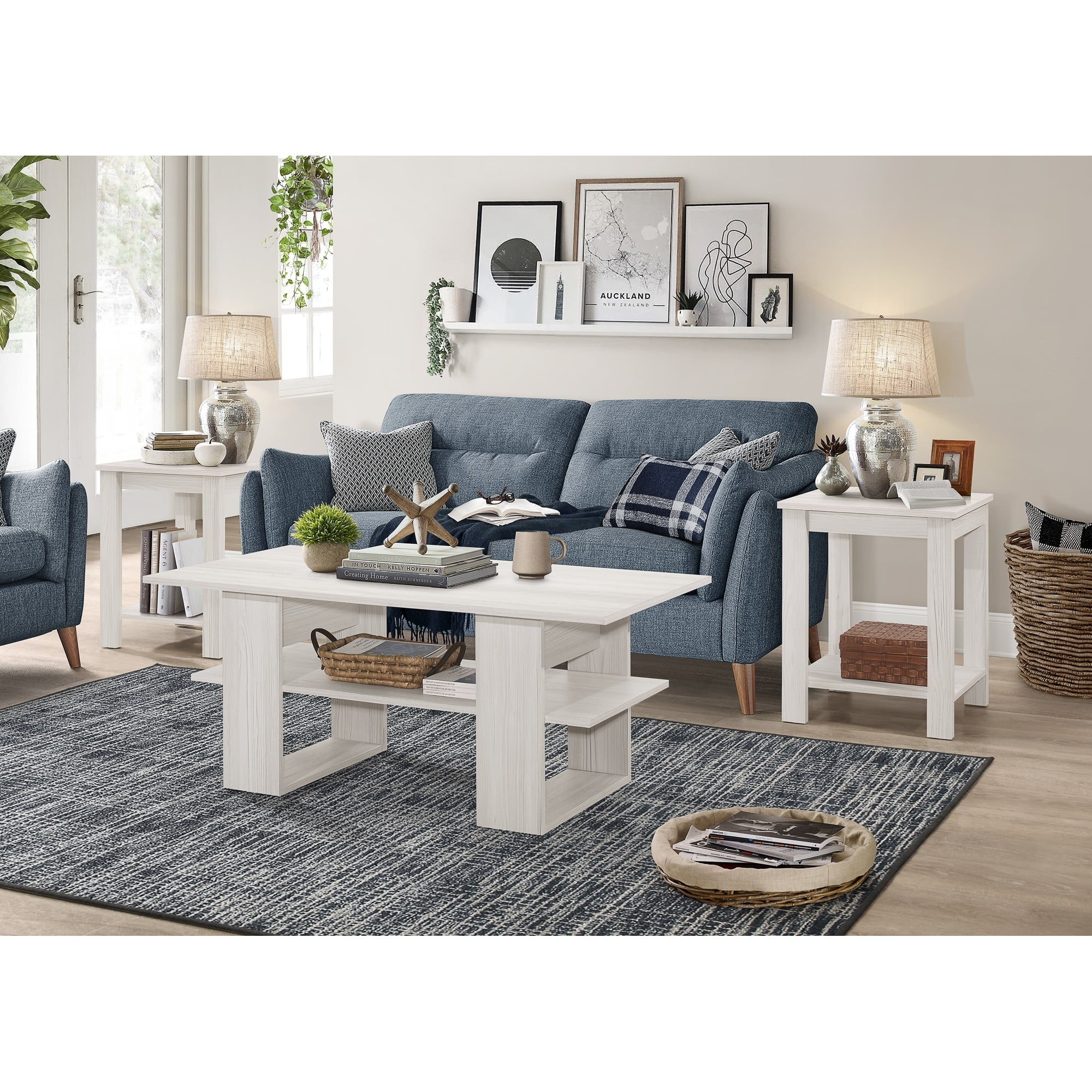 Home Design Beverly 3-Piece Coffee Table Set with 1 Rectangular Coffee Table and 2 Square End Tables, Each with Open Shelf for Storage and Display, Modern Living Room Design, Brown Oak