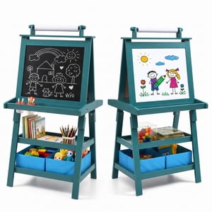 Costway 3-in-1 Double-Sided Wooden Kids Art Easel, Blue