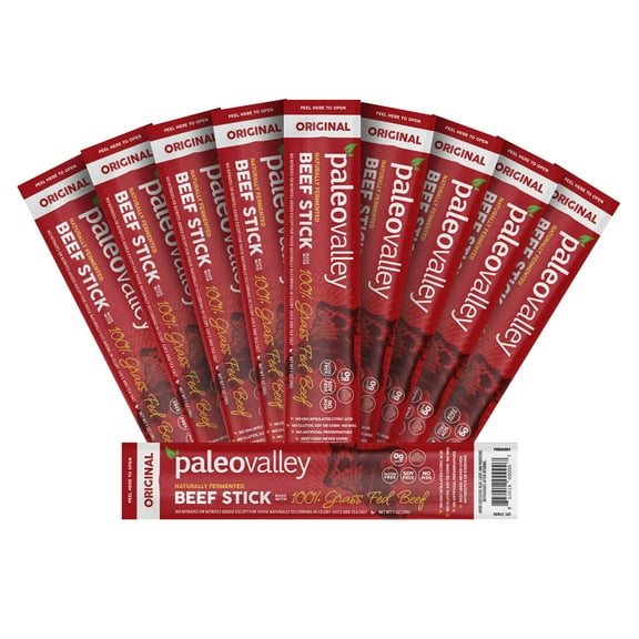 Paleovalley 100% Grass Fed Original Beef BSL1 Sticks - Delicious Gluten Free Beef Snack - High Protein Keto Friendly