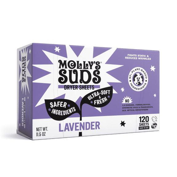 Molly's Suds Fabric Softener Dryer Sheets for Sensitive Skin | Plant-Based Static Reducer, Plastic-Free Packaging | Lavender (120 Sheets)