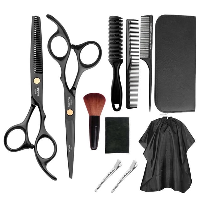 Juego de 11 piezas de tijeras de peluquería para el hogar, color negro, tijeras de dientes planos, tijeras para el cabello