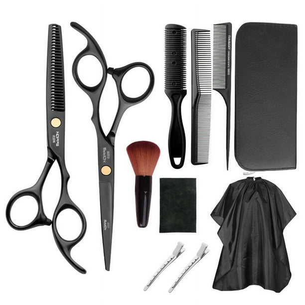 Juego de 11 piezas de tijeras de peluquería para el hogar, color negro, tijeras de dientes planos, tijeras para el cabello
