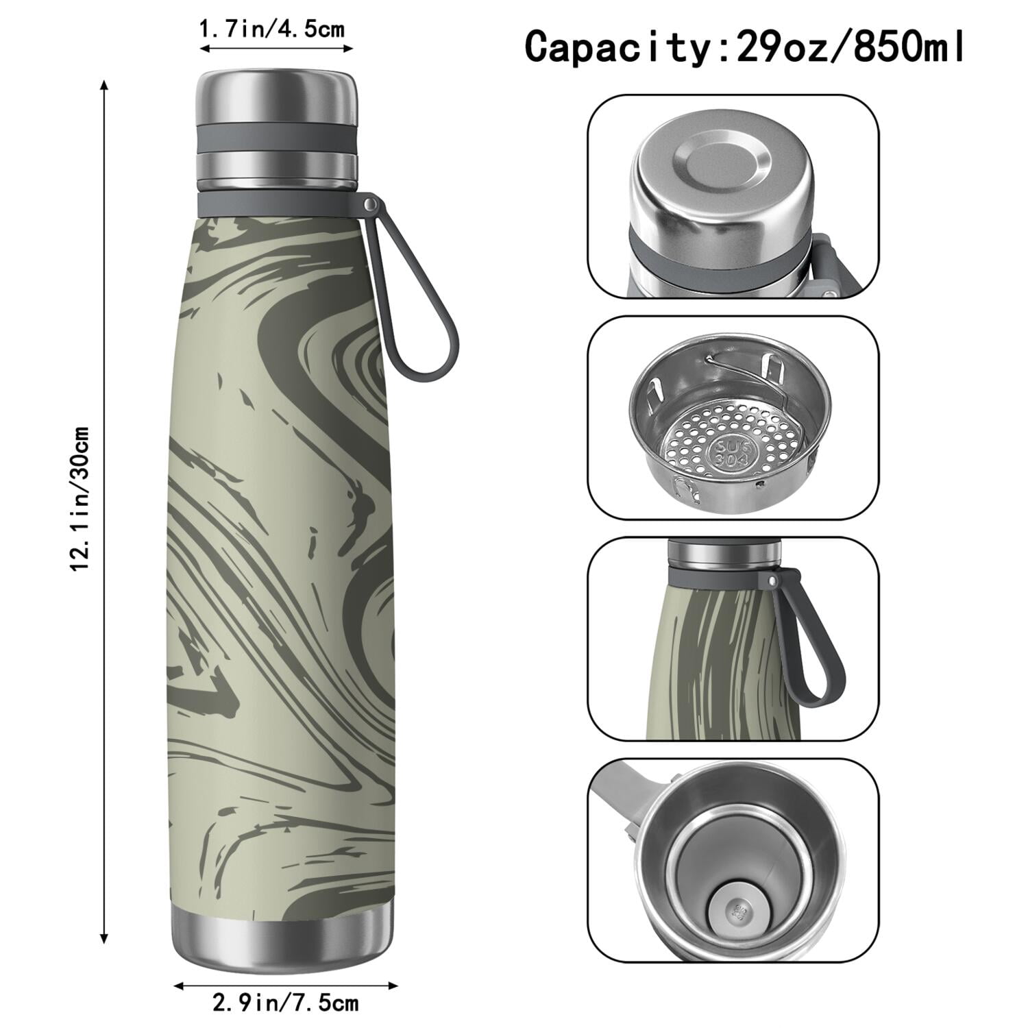 29oz Insulated Water Bottle with Tea Infuser, Stainless Steel Travel Mug, Liquid & Marble Print