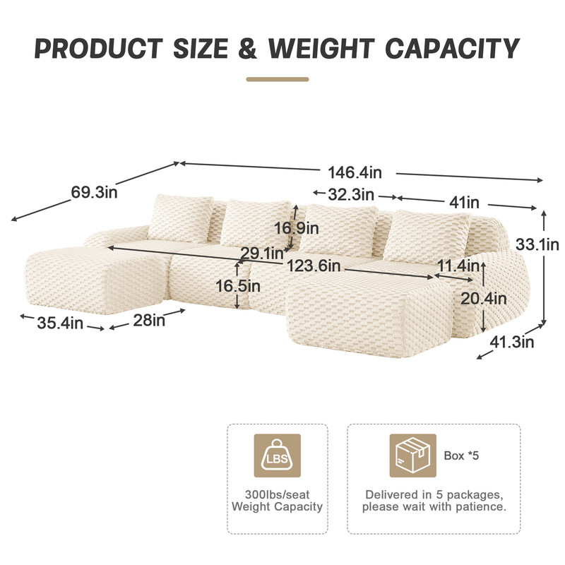 146" Modern U-Shaped Modular Sectional Sofa for Living Room,Flannelette Fabric,Oversized 4-Seater Couch,boneless sofa ,Movable Ottoman,Buckle connection,Anti-slip Design,No Assembly,White