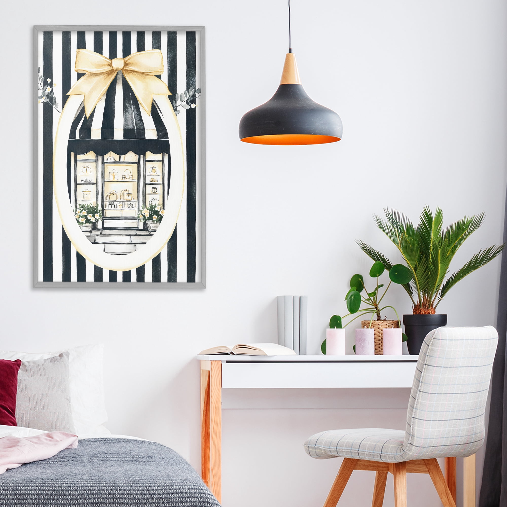 Stupell Industries Maison Striped Boutique Window Gray Framed Giclee Art, design by Petal Prints Design
