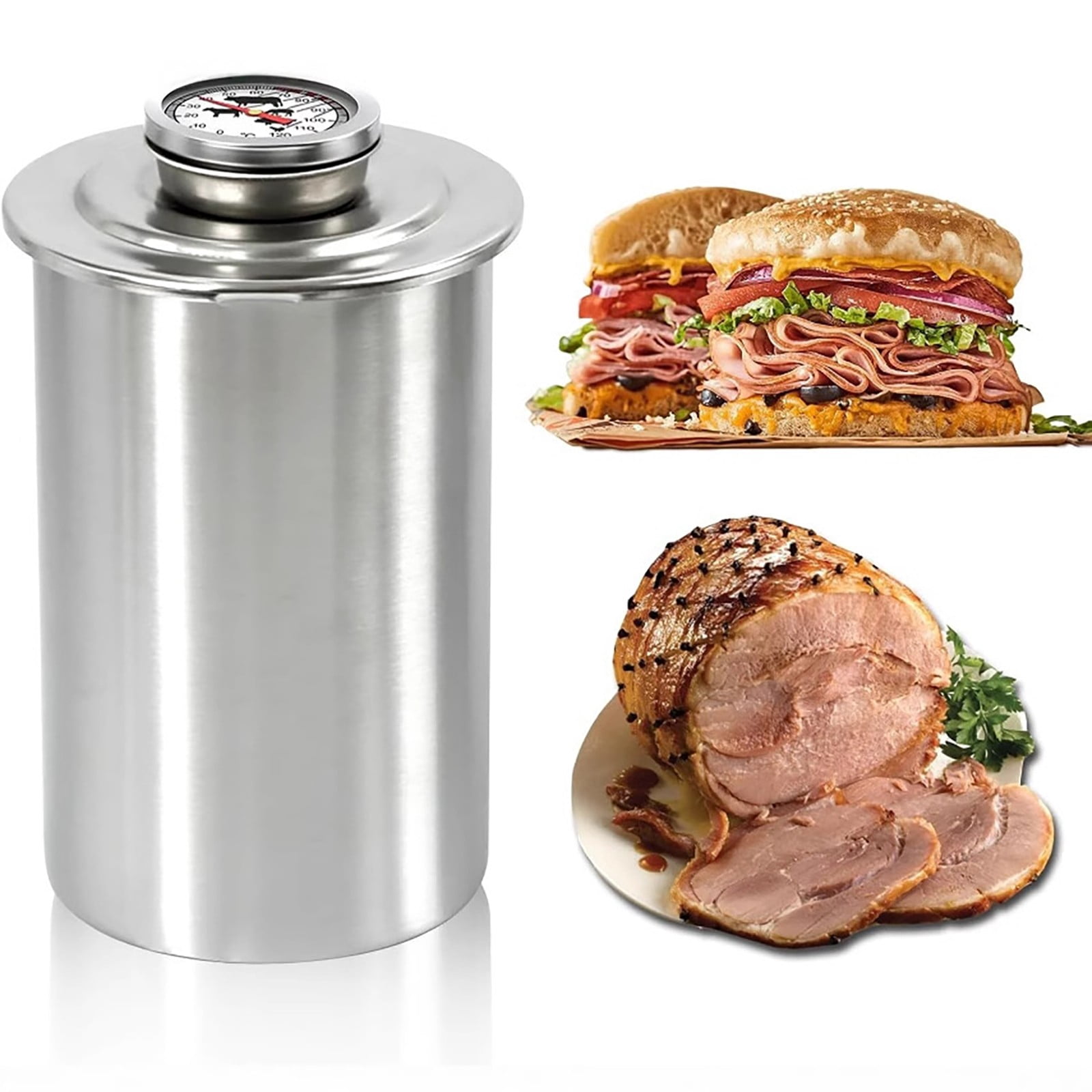 Stainless Steel Ham Maker, Large Capacity Round Meat Press for Homemade Lunch Meat, Includes Tender Meat Skewer Thermometer, Perfectly Shaped Deli Loaf Cooker