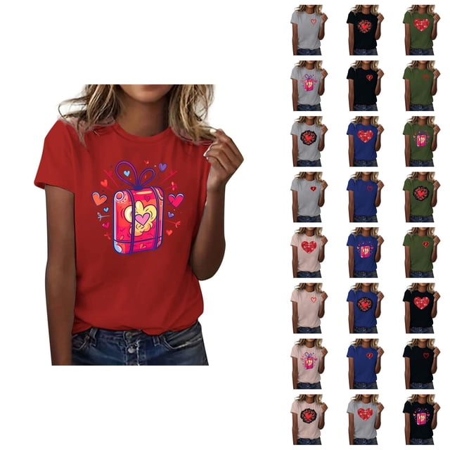 T-shirts de la Saint-Valentin pour Femmes 2026 Mode Manches Courtes Col Rond Cœur Graphique