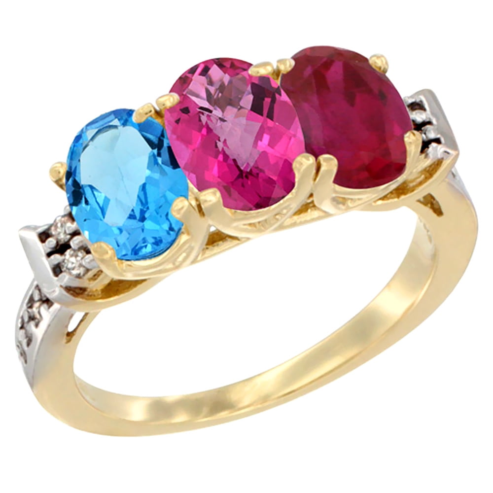 10K Yellow Gold Natural Swiss Blue Topaz, Pink Topaz & Enhanced Ruby Ring 3-Stone Oval 7x5 mm Diamond Accent, sizes 5 10 by WorldJewels