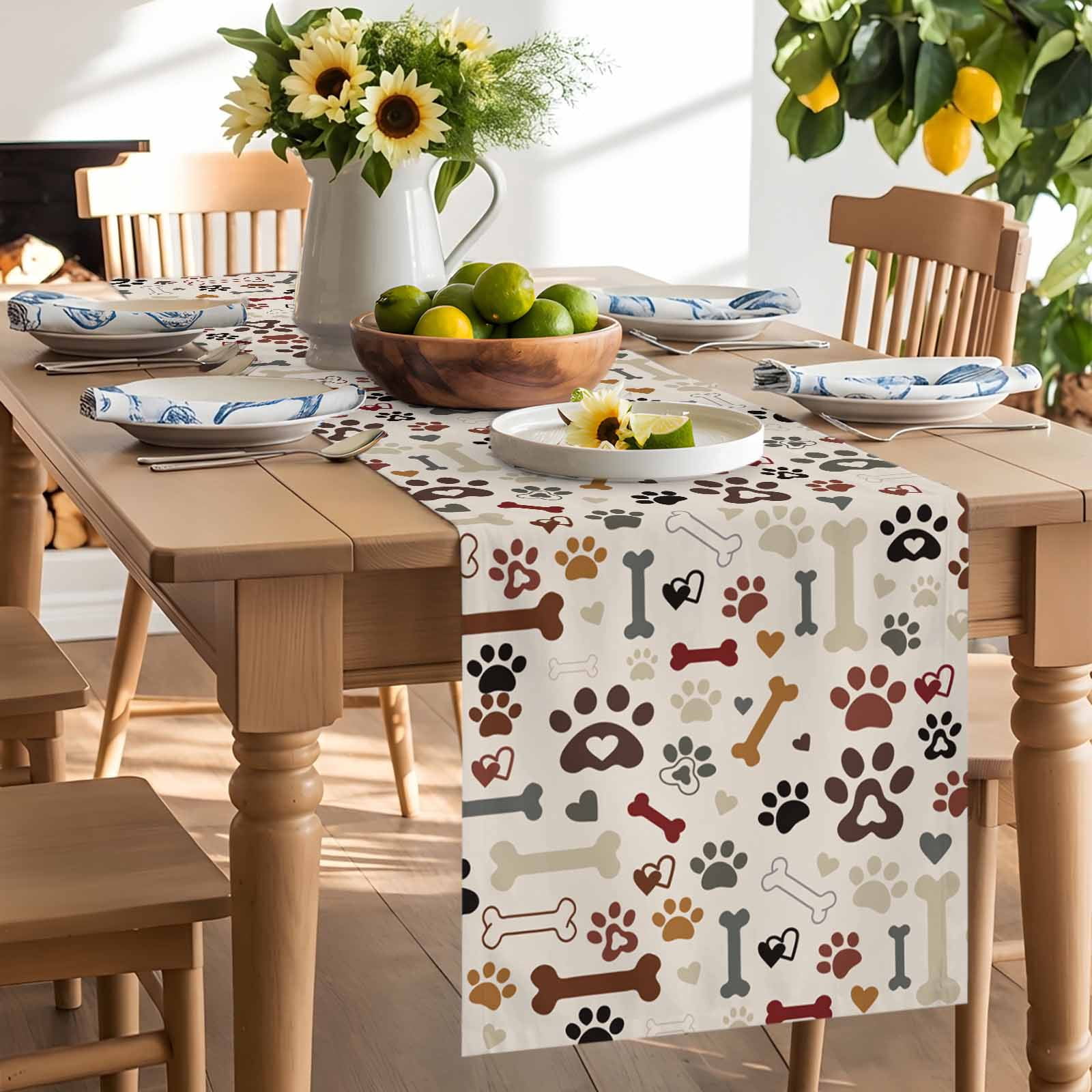 Seamless Dog Paw Bone Texture Table Runner 90 Inches Long, Pet Claw Love Heart on Khaki Table Runners Tabletop Scarf Kitchen Dining Tables Decoration for Home Party Indoor Outdoor
