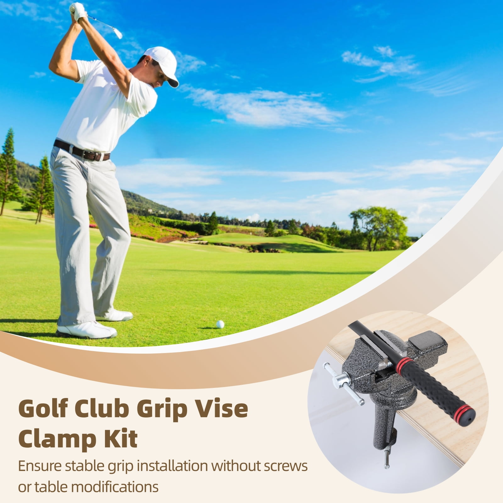 Golf Club Grip Vise Clamp Kit, Adjustable Golf Club Vice Clamp, 360 Degrees Rotating Golf Shaft Puller Tool with 20 Double-Sided Tape, Rubber Sleeve, Hook Cutter for Easy Regripping