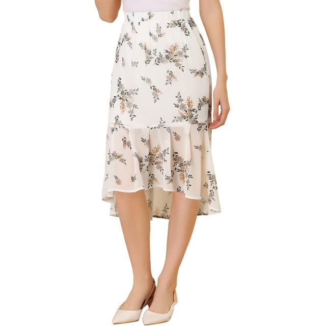 INSPIRE CHIC Women's Floral High-Low Elastic Waist Ruffle Hem Flowy Midi Chiffon Skirt