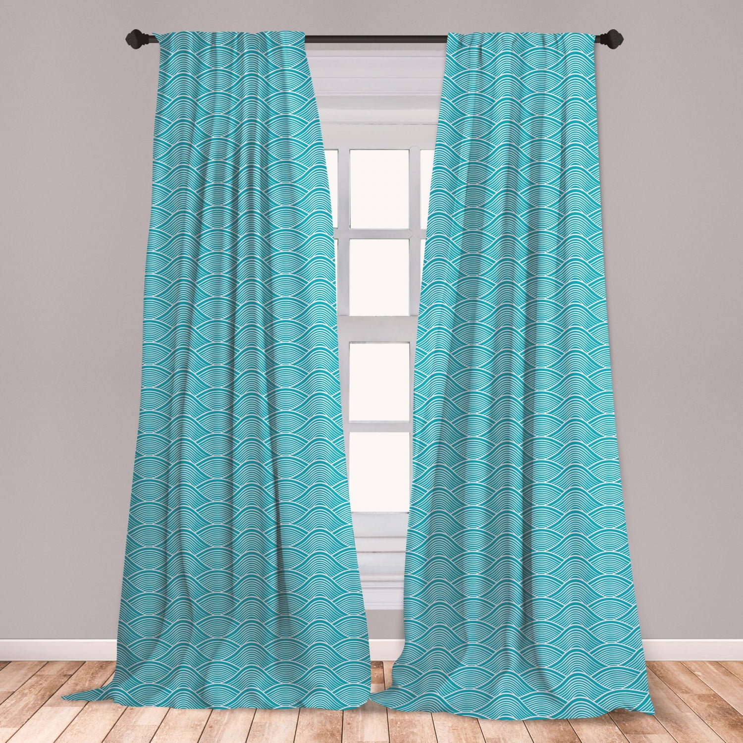 Blue Curtains 2 Panels Set, Ocean Inspired Waves Pattern with Japanese