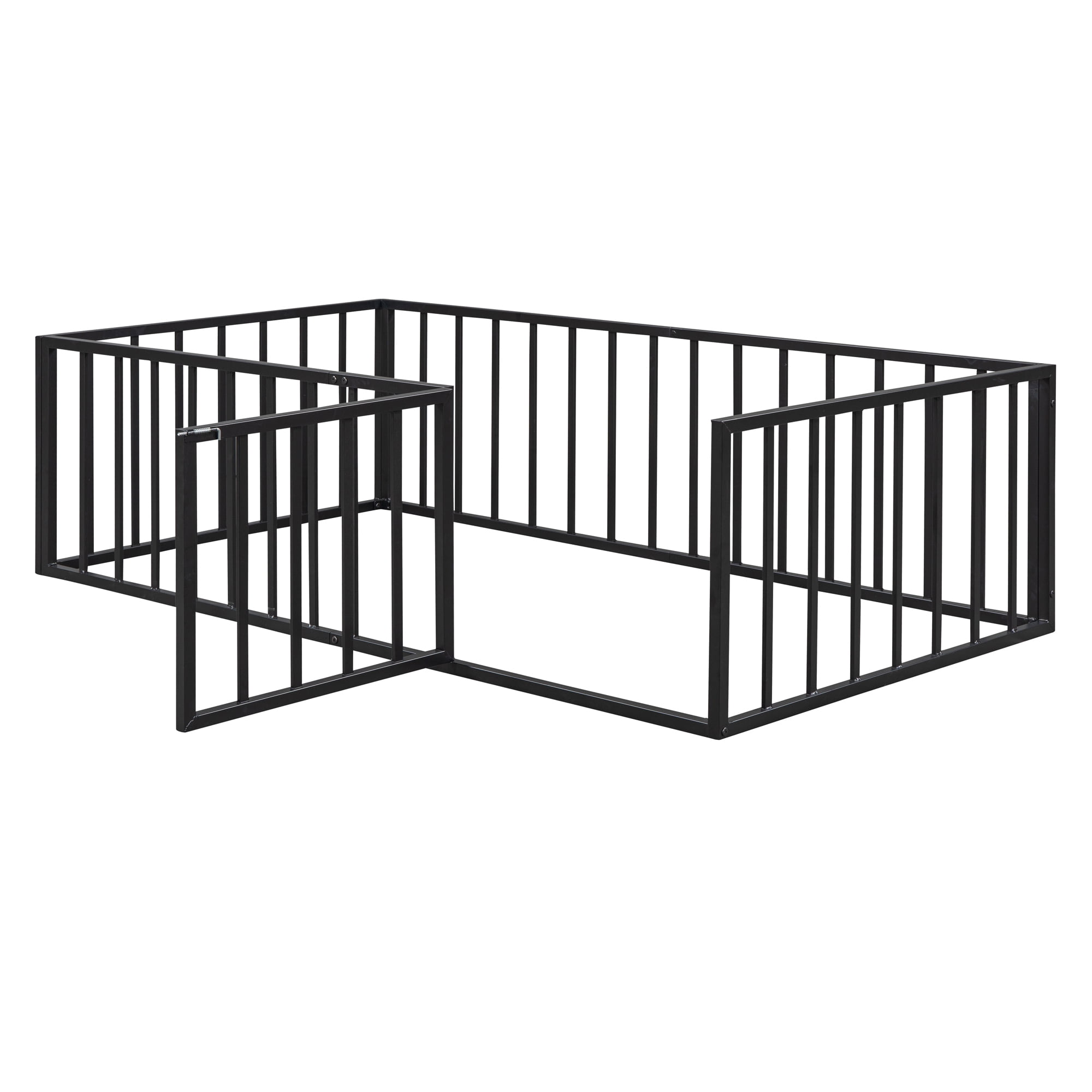 Harper & Bright Designs Twin Floor Bed Frame for Kids, Metal Montessori Floor Bed with Rails and Door, Floor Twin Size Bed Frame with Fence-Shaped Guardrails, Black