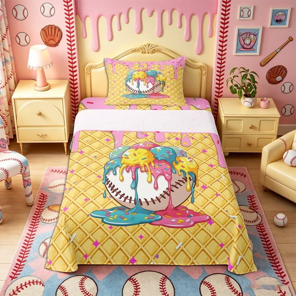 Castle Fairy Baseball Print Twin Sheets 3pcs, Pink Ice Cream Drip Bedding, Blue Yellow Green,1 Fitted Sheet, 1 Flat Sheet and 1 Pillowcase