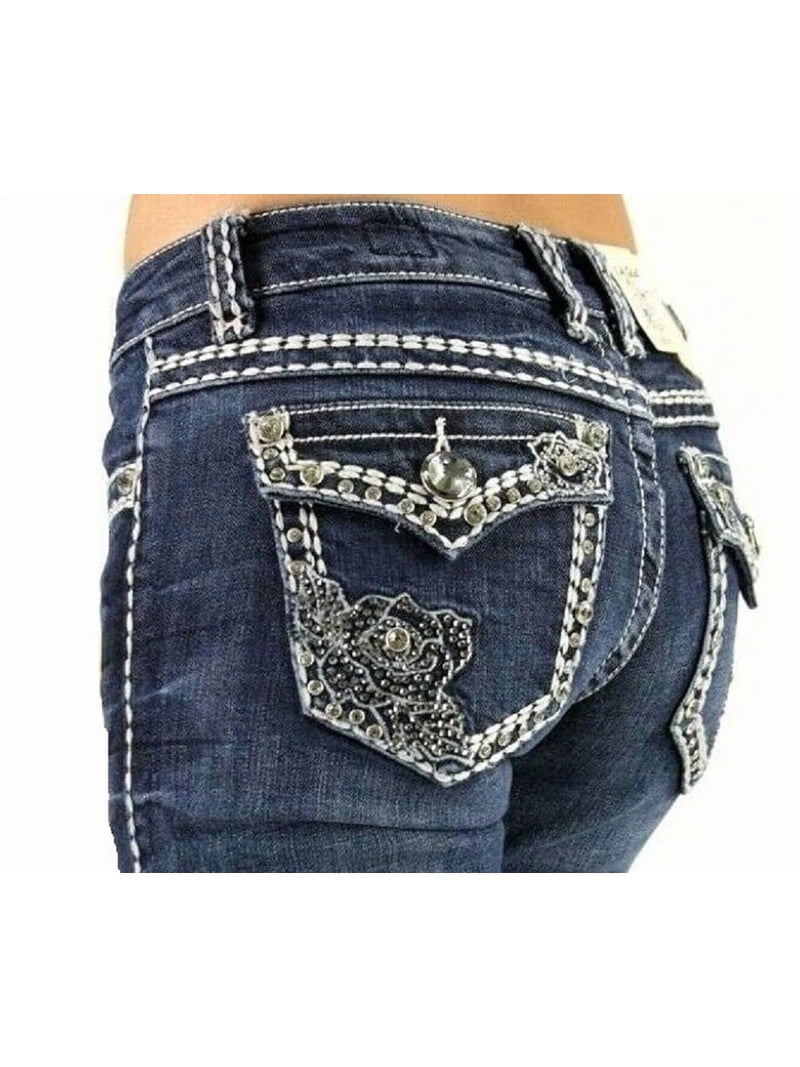 Jack David Women's Rhinestone Mid Rise Bootcut Stretchy Denim
