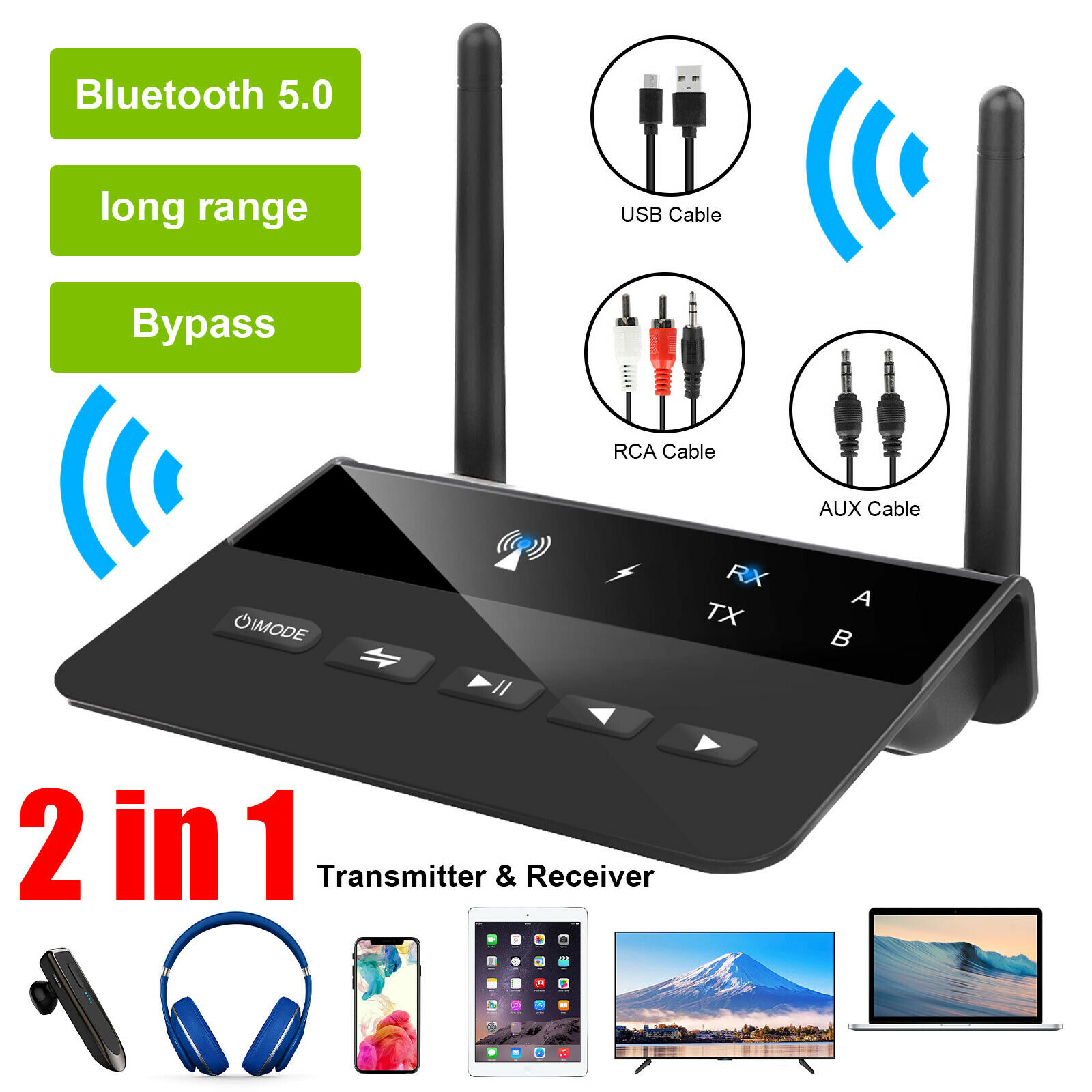 Long Range Bluetooth 5.0 Transmitter Receiver AptX HD Low Latency