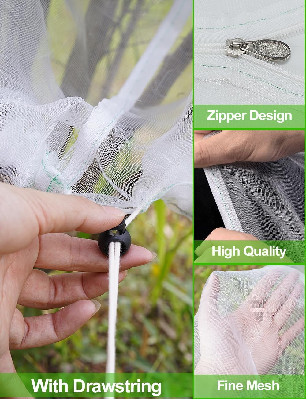 4Pack Fruits Tree Netting with Zipper and Drawstring, 5.3x7.87ft Insect Bird Barrier Plant Netting for Garden Cover Protection